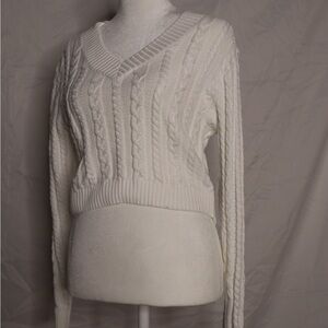 Fashion Nova Ivory V-Neck Cable Sweater